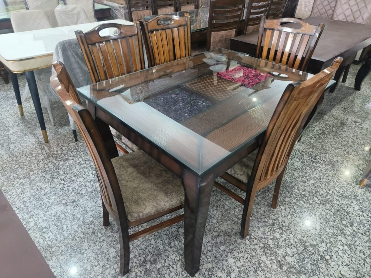 Contemporary Glass-Top Dining Table Set with Wooden Chairs (6-Piece)