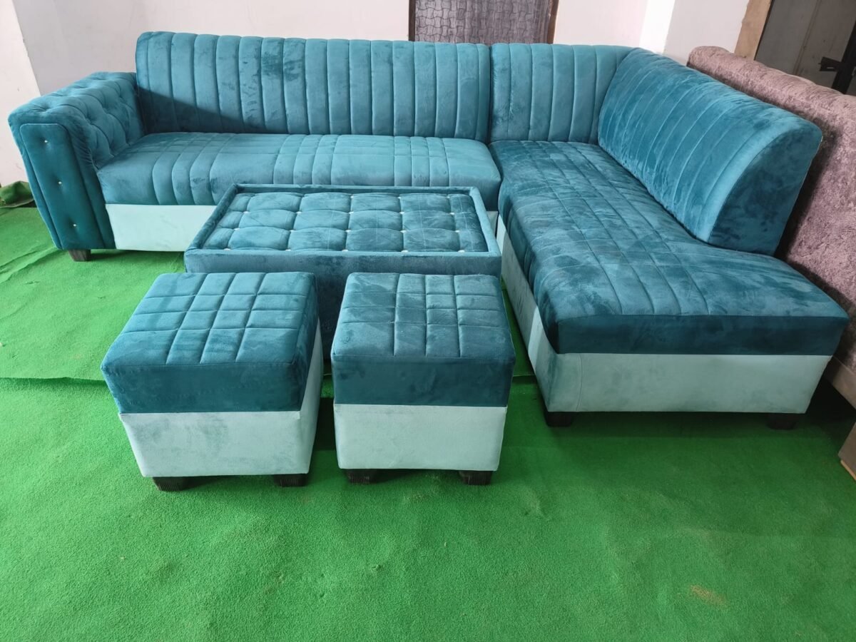 Luxury Teal Velvet L-Shape Sofa Set